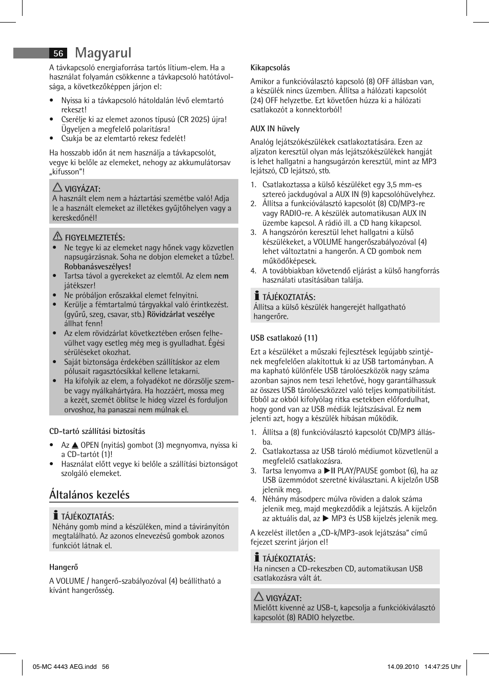 Magyarul, Általános kezelés | AEG MC 4443 CD-MP3 User Manual | Page 56 / 74