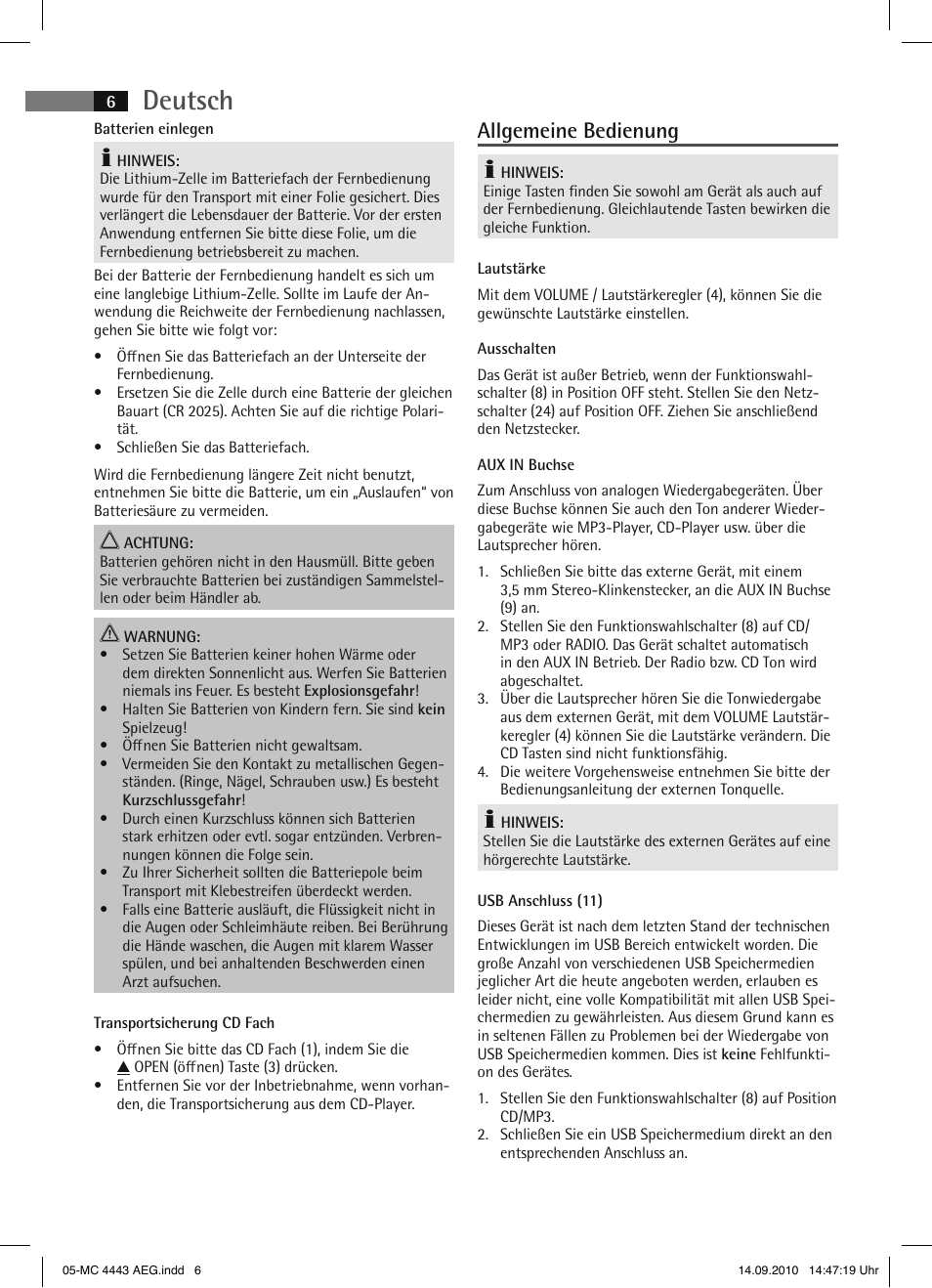 Deutsch, Allgemeine bedienung | AEG MC 4443 CD-MP3 User Manual | Page 6 / 74