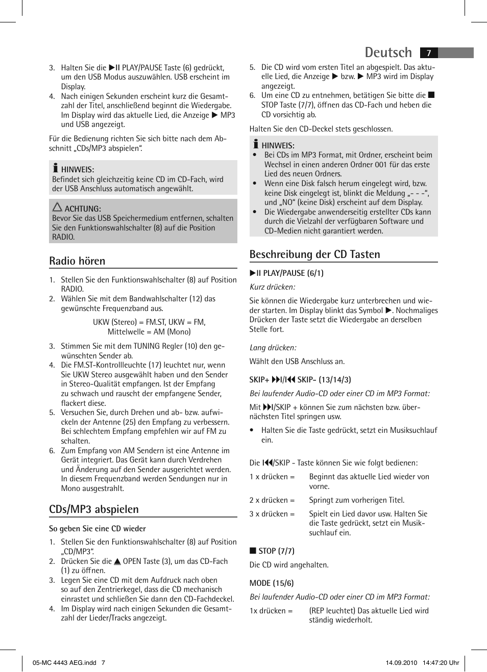 Deutsch, Radio hören, Cds/mp3 abspielen | Beschreibung der cd tasten | AEG MC 4443 CD-MP3 User Manual | Page 7 / 74