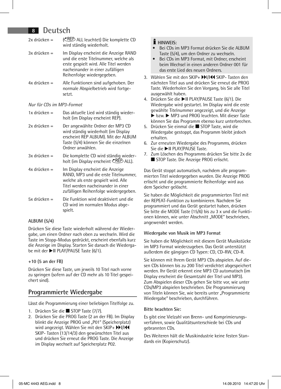 Deutsch, Programmierte wiedergabe | AEG MC 4443 CD-MP3 User Manual | Page 8 / 74