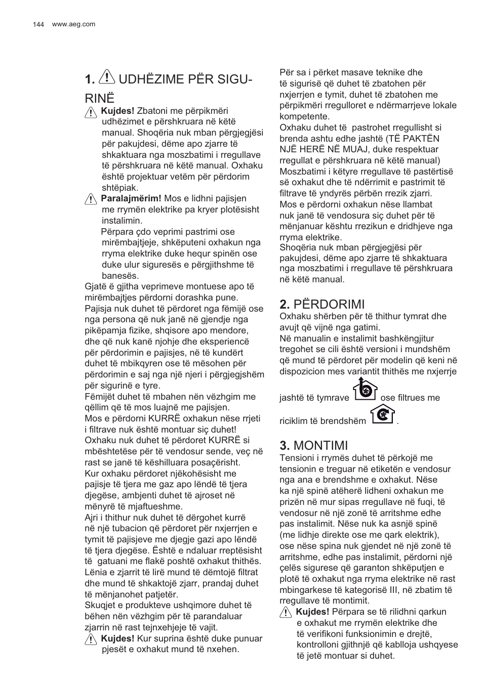 Udhëzime për sigu- rinë, Përdorimi, Montimi | AEG X81284WG0 User Manual | Page 144 / 160