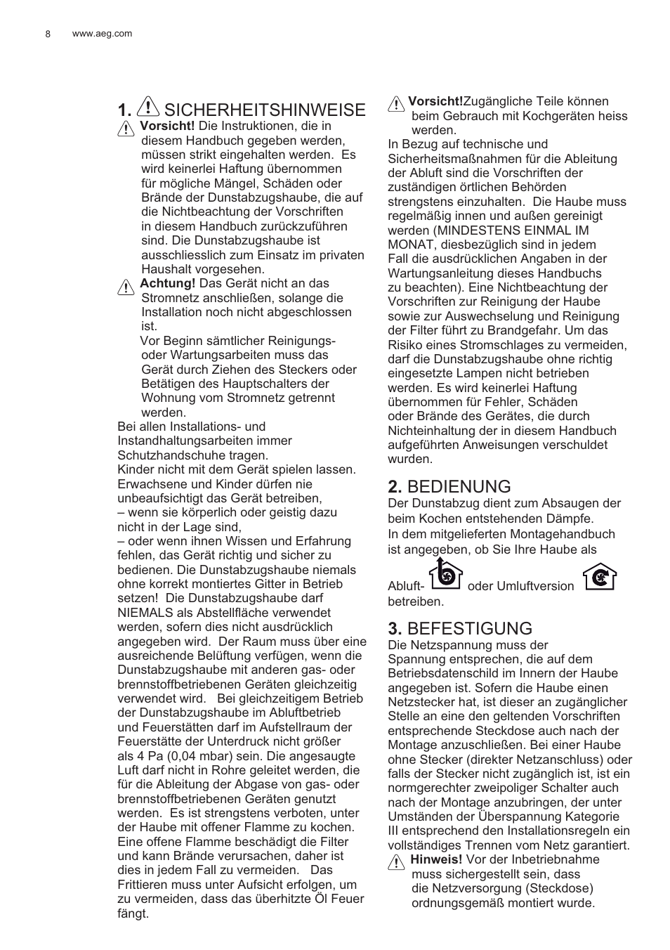 Sicherheitshinweise, Bedienung, Befestigung | AEG X81284WG0 User Manual | Page 8 / 160