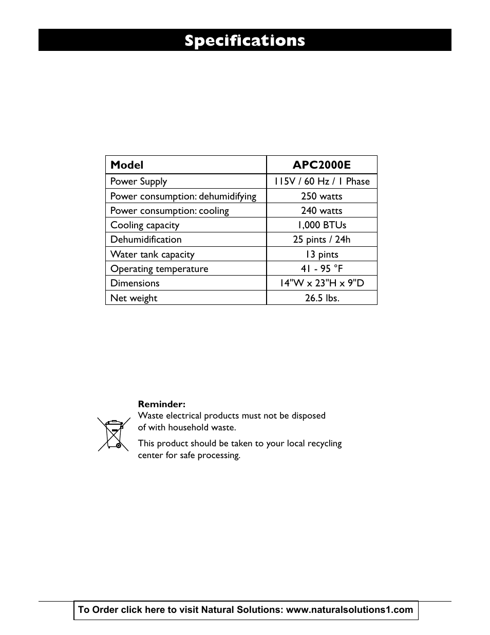 Specifi cations | Amcor APC 2000E User Manual | Page 13 / 13