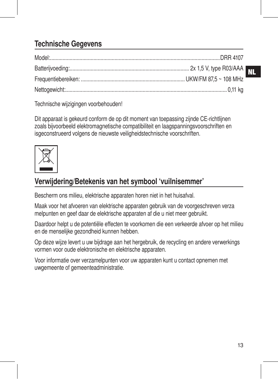 Technische gegevens | AEG DRR 4107 User Manual | Page 13 / 58