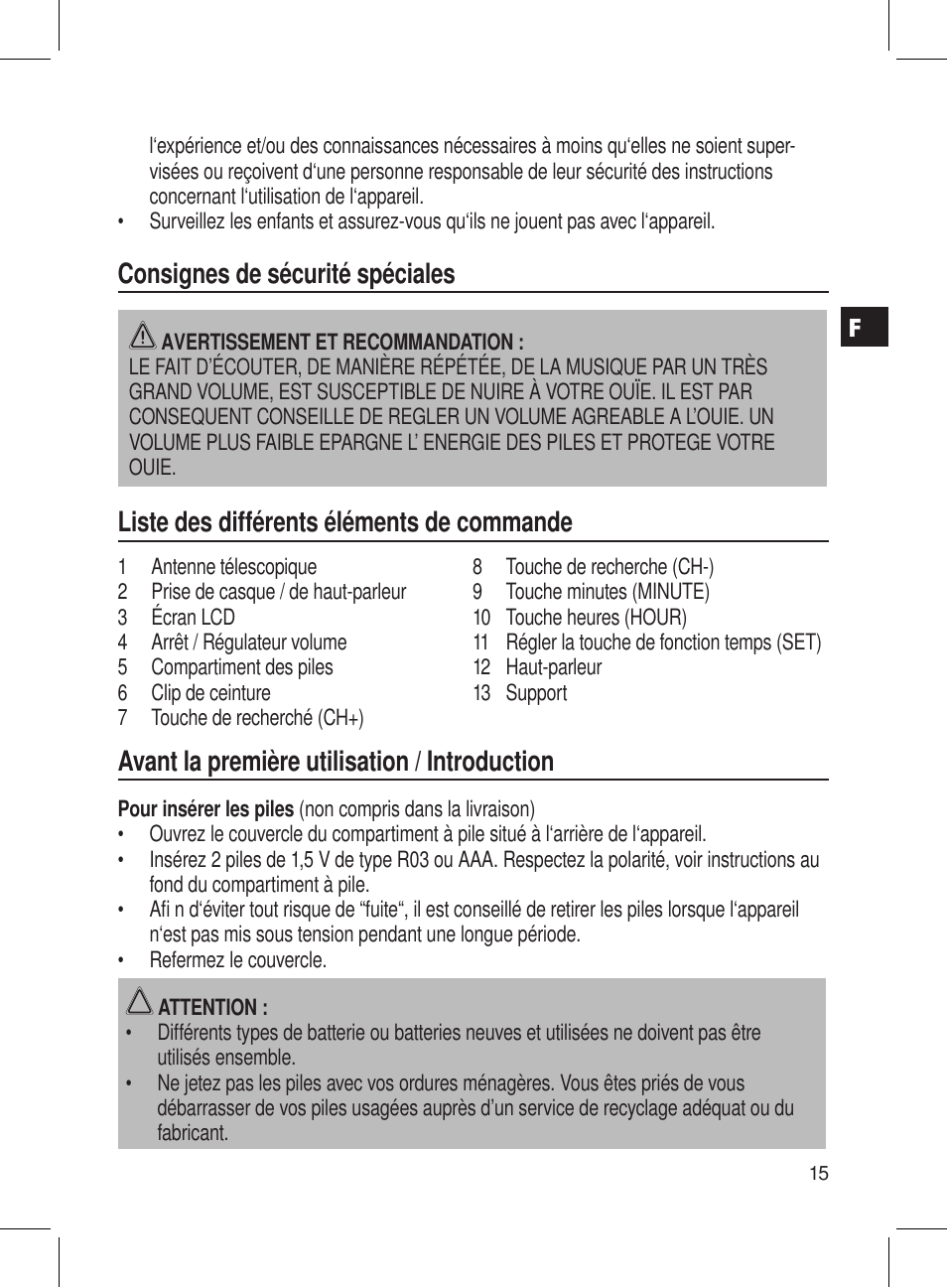 Consignes de sécurité spéciales, Liste des différents éléments de commande, Avant la première utilisation / introduction | AEG DRR 4107 User Manual | Page 15 / 58