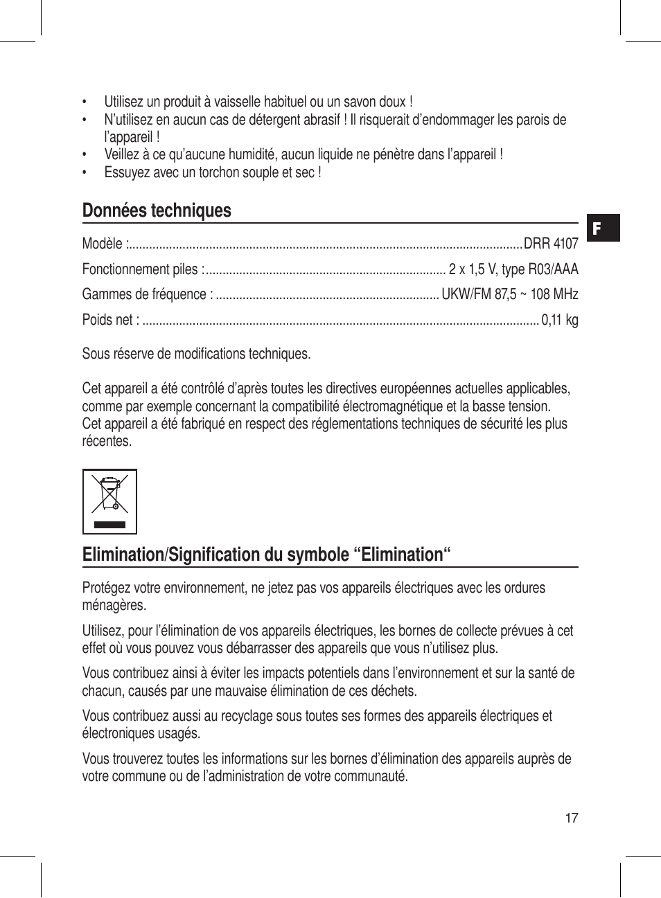 Données techniques, Elimination/signiﬁcation du symbole “elimination | AEG DRR 4107 User Manual | Page 17 / 58