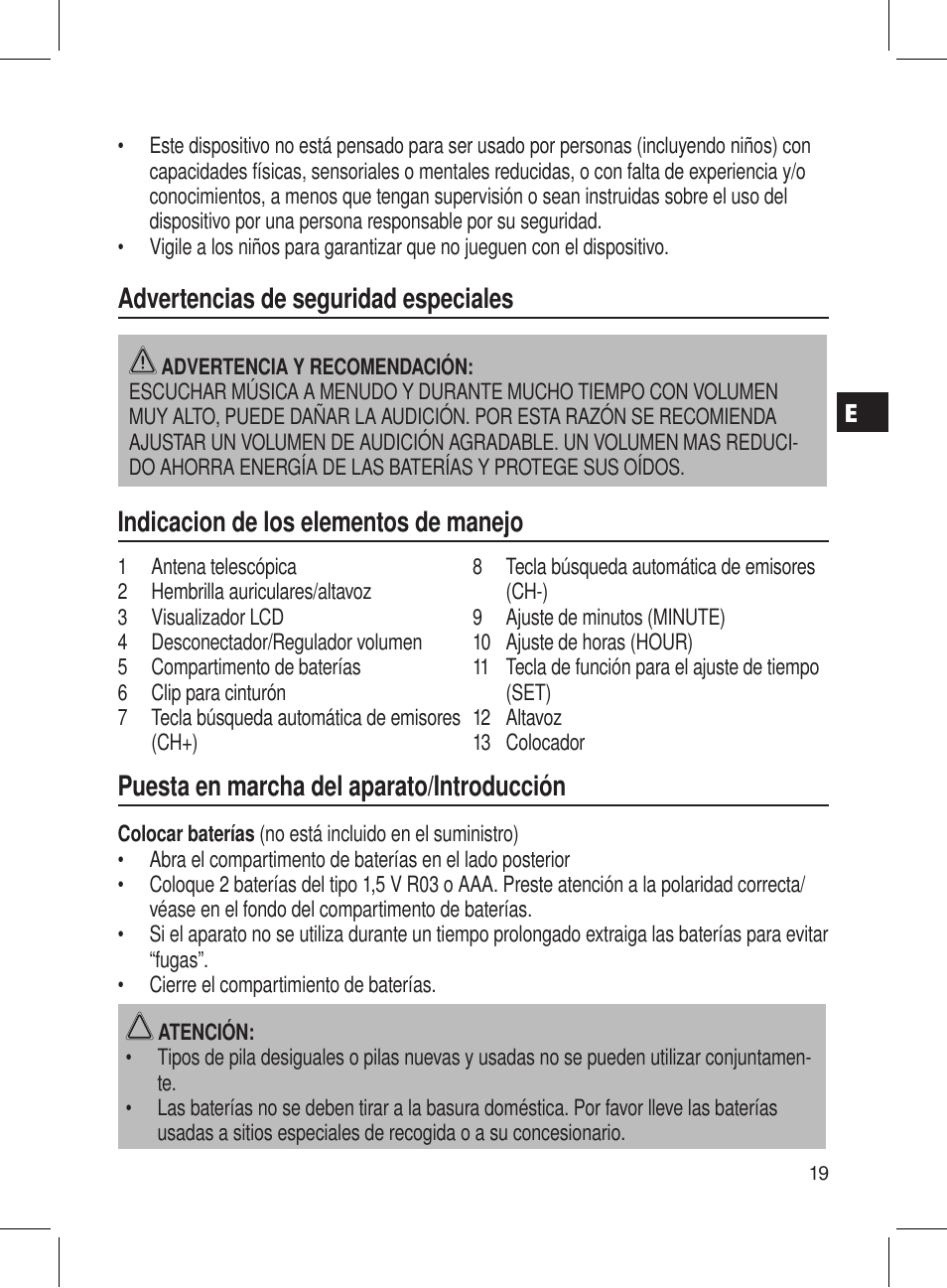 Advertencias de seguridad especiales, Indicacion de los elementos de manejo, Puesta en marcha del aparato/introducción | AEG DRR 4107 User Manual | Page 19 / 58