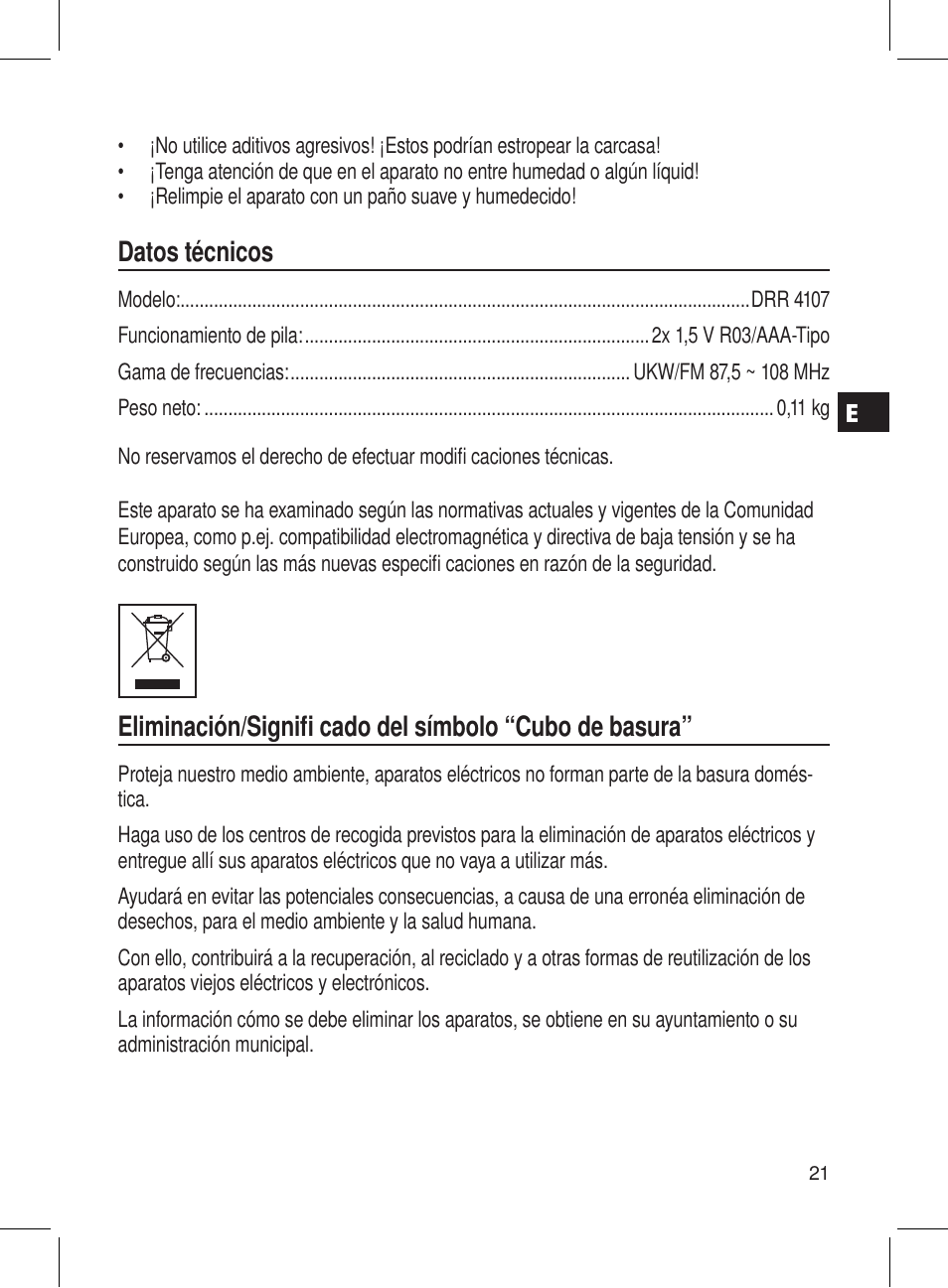 Datos técnicos | AEG DRR 4107 User Manual | Page 21 / 58