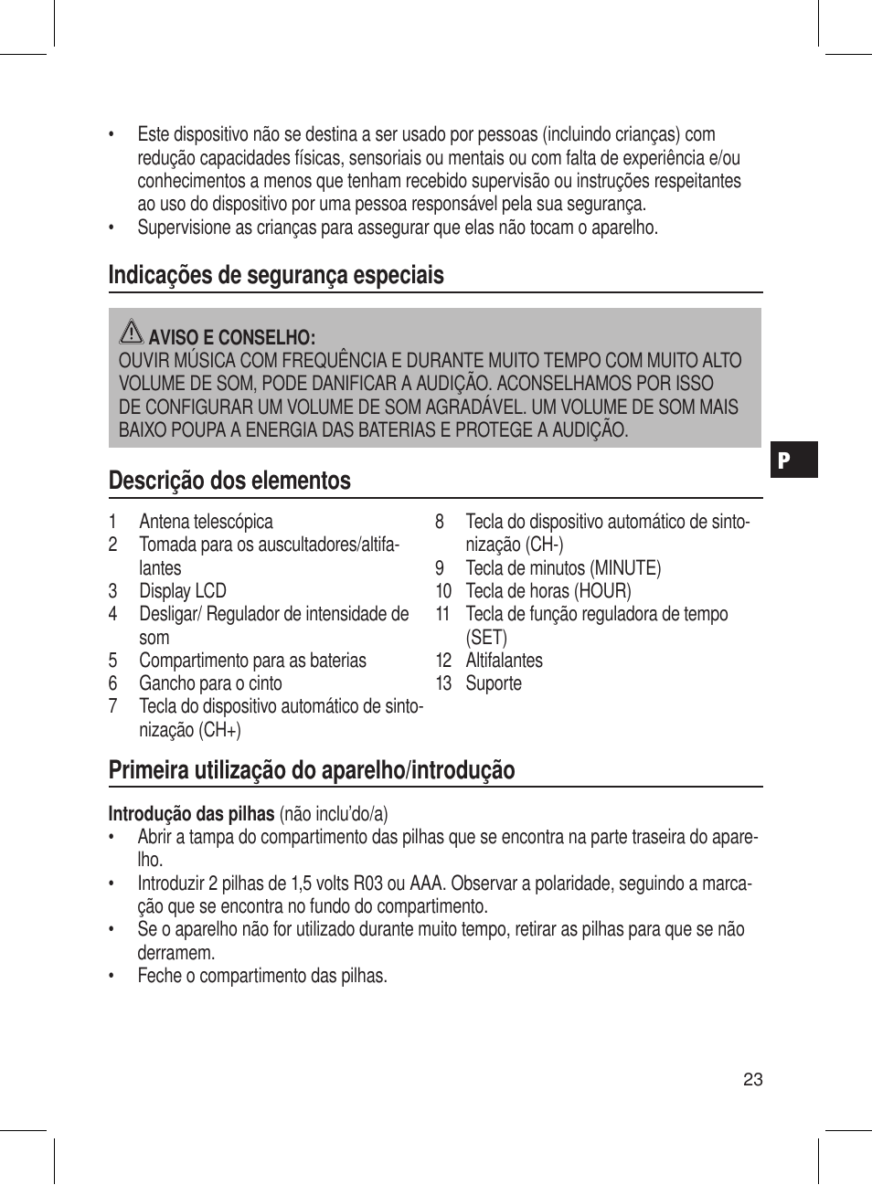 Indicações de segurança especiais, Descrição dos elementos, Primeira utilização do aparelho/introdução | AEG DRR 4107 User Manual | Page 23 / 58