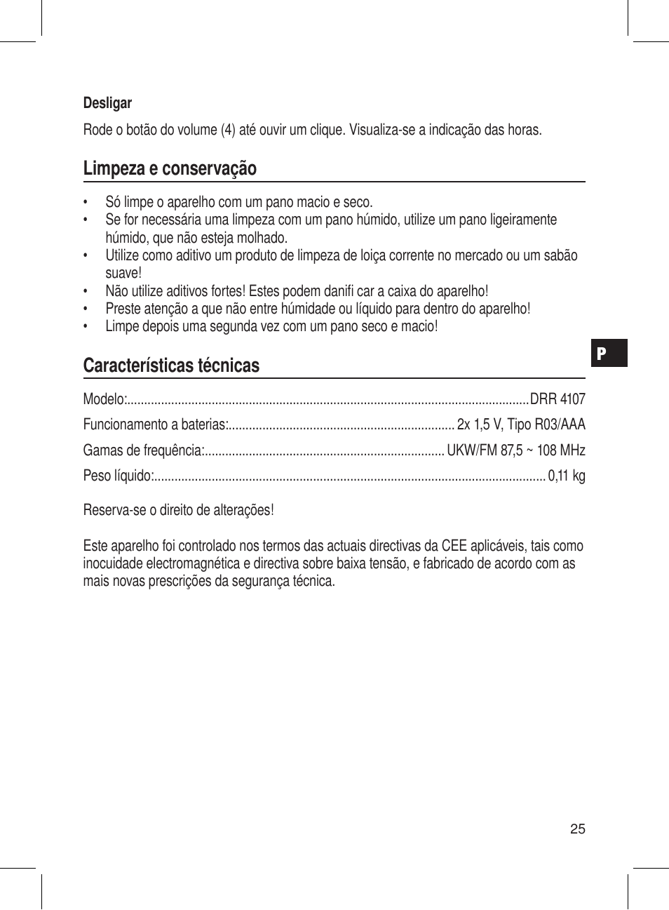 Limpeza e conservação, Características técnicas | AEG DRR 4107 User Manual | Page 25 / 58