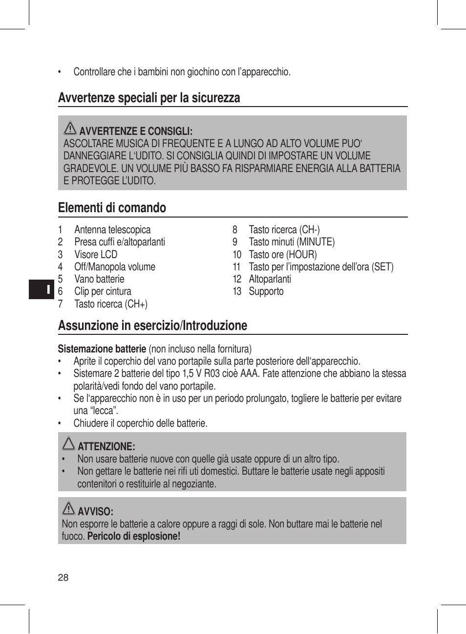 Avvertenze speciali per la sicurezza, Elementi di comando, Assunzione in esercizio/introduzione | AEG DRR 4107 User Manual | Page 28 / 58