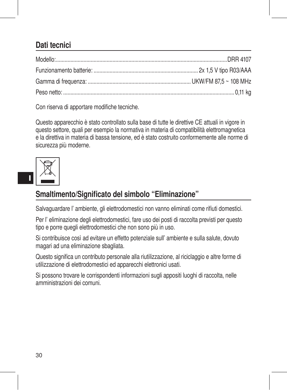 Dati tecnici, Smaltimento/signiﬁcato del simbolo “eliminazione | AEG DRR 4107 User Manual | Page 30 / 58