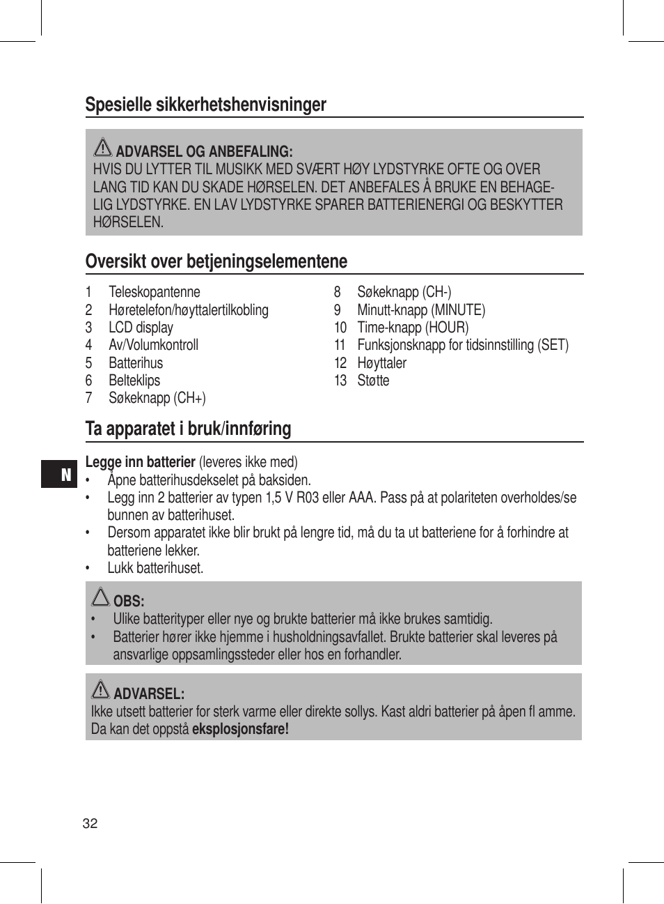 Spesielle sikkerhetshenvisninger, Oversikt over betjeningselementene, Ta apparatet i bruk/innføring | AEG DRR 4107 User Manual | Page 32 / 58