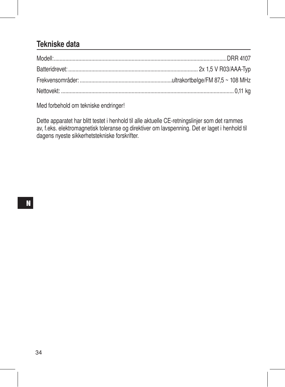 Tekniske data | AEG DRR 4107 User Manual | Page 34 / 58