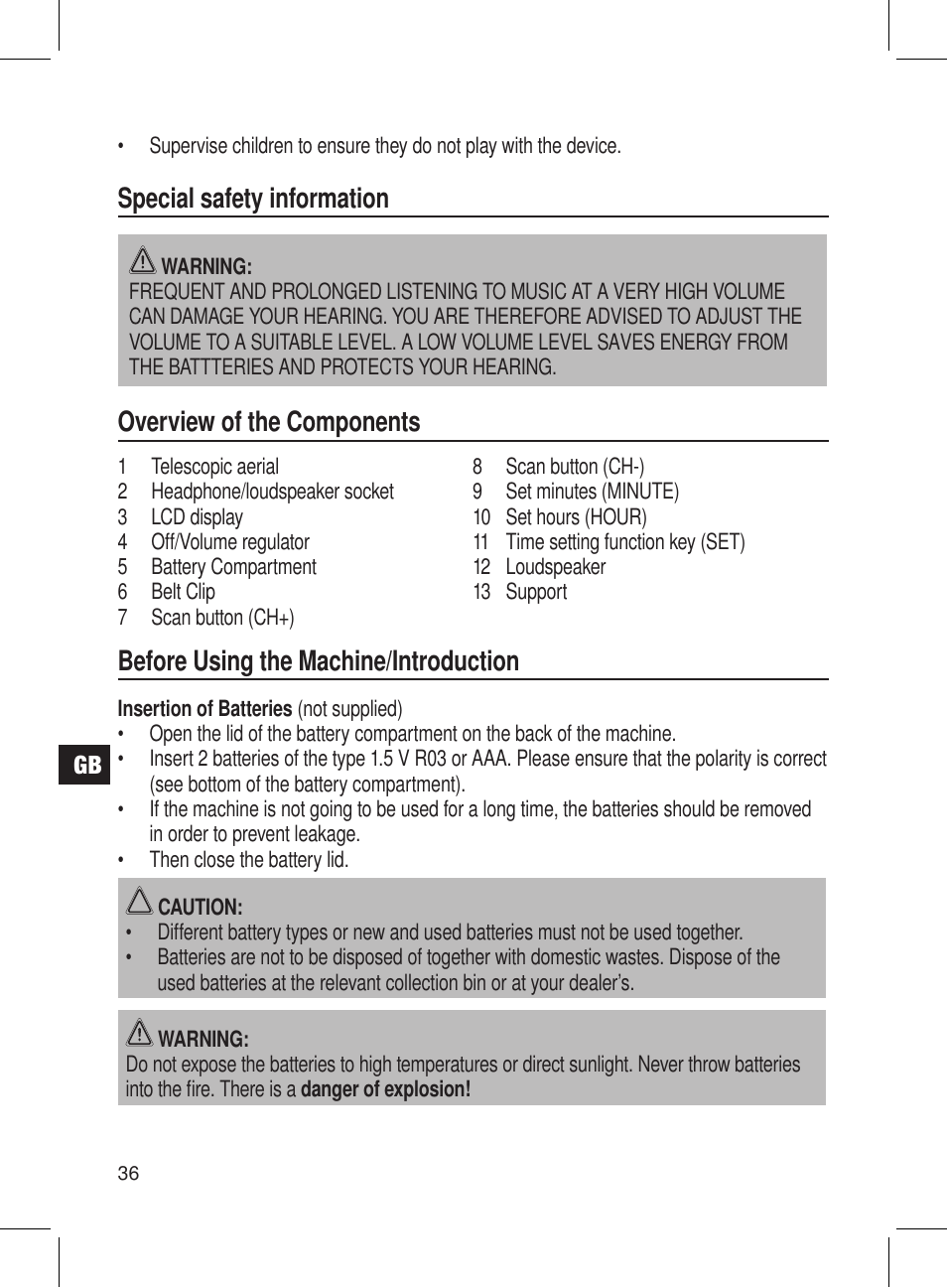 Special safety information, Overview of the components, Before using the machine/introduction | AEG DRR 4107 User Manual | Page 36 / 58