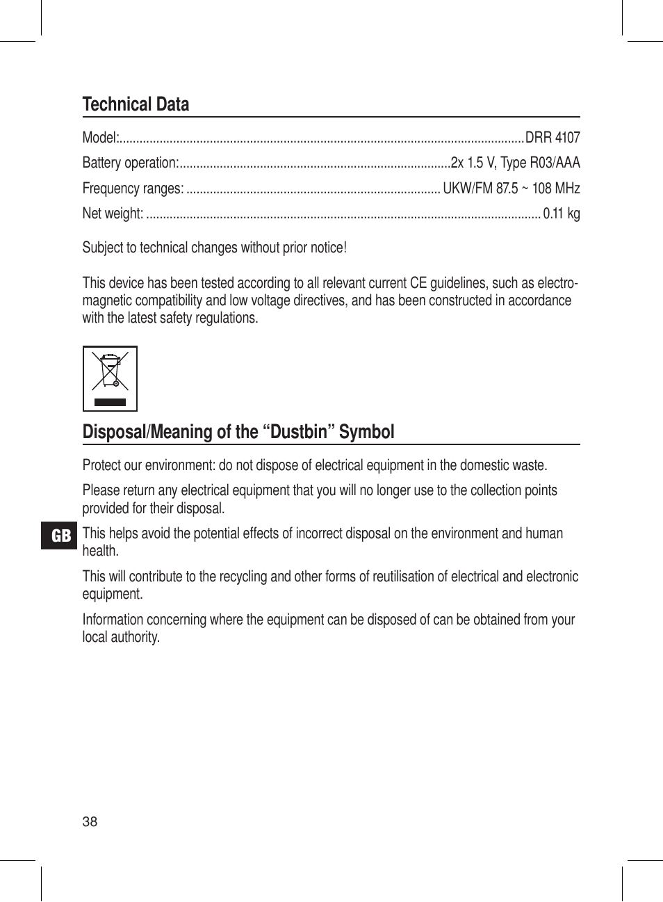 Technical data, Disposal/meaning of the “dustbin” symbol | AEG DRR 4107 User Manual | Page 38 / 58