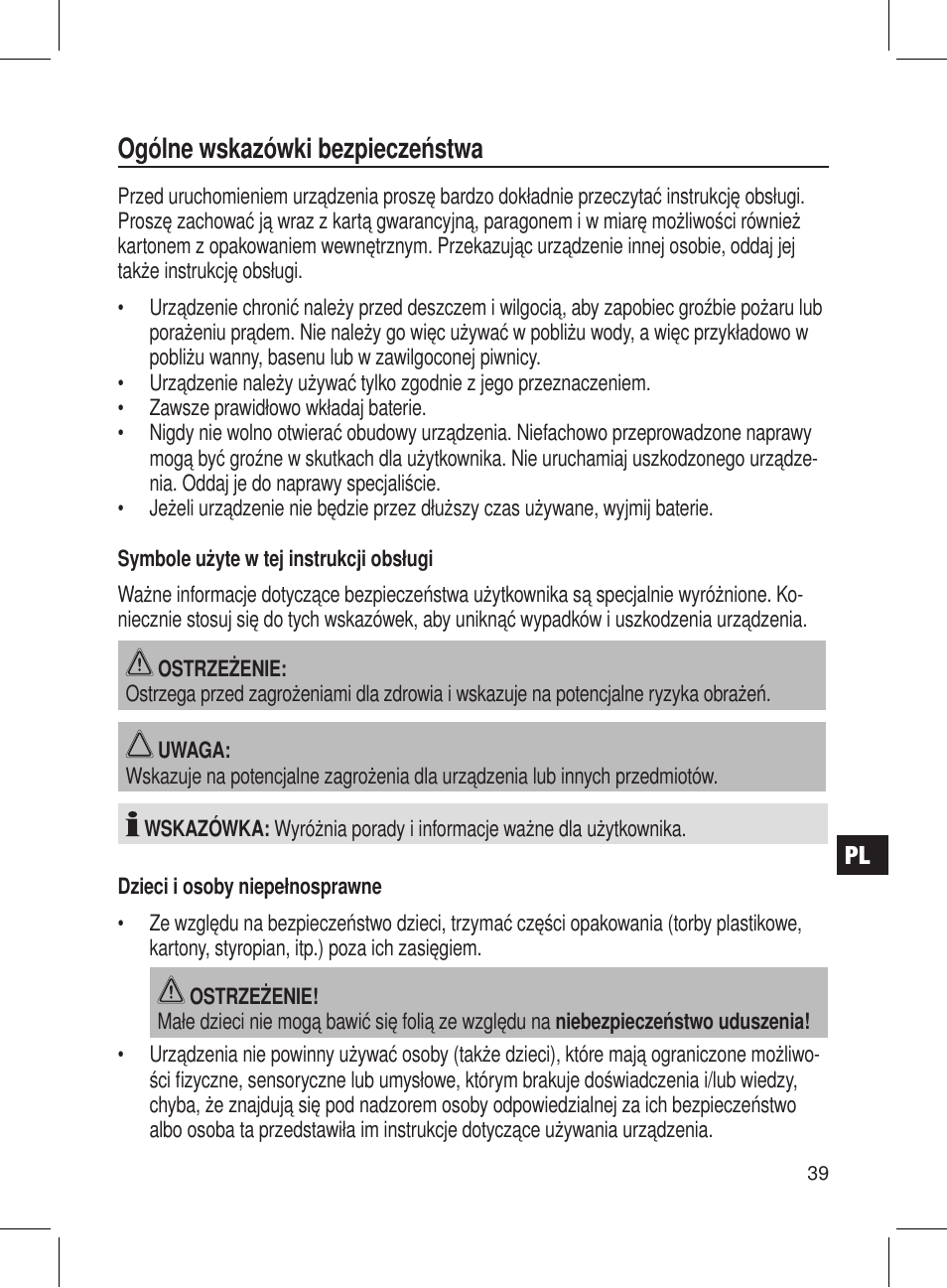 Ogólne wskazówki bezpieczeństwa | AEG DRR 4107 User Manual | Page 39 / 58