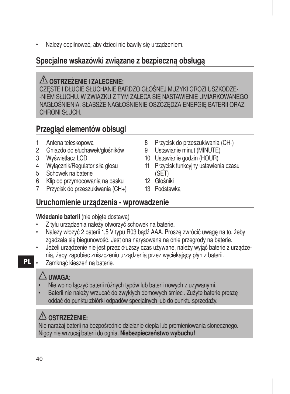 Specjalne wskazówki związane z bezpieczną obsługą, Przegląd elementów obłsugi, Uruchomienie urządzenia - wprowadzenie | AEG DRR 4107 User Manual | Page 40 / 58