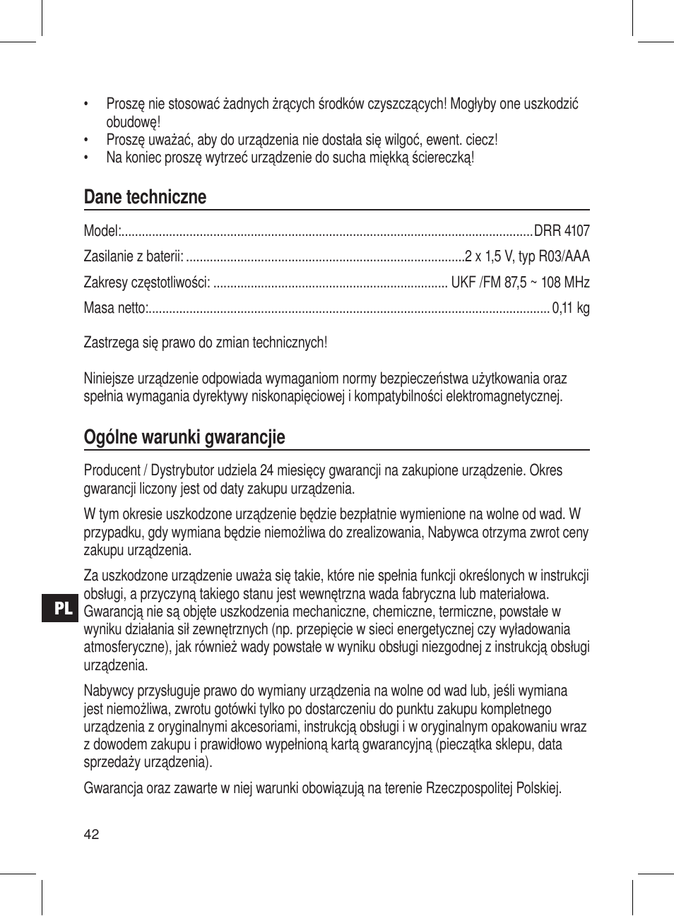 Dane techniczne, Ogólne warunki gwarancjie | AEG DRR 4107 User Manual | Page 42 / 58