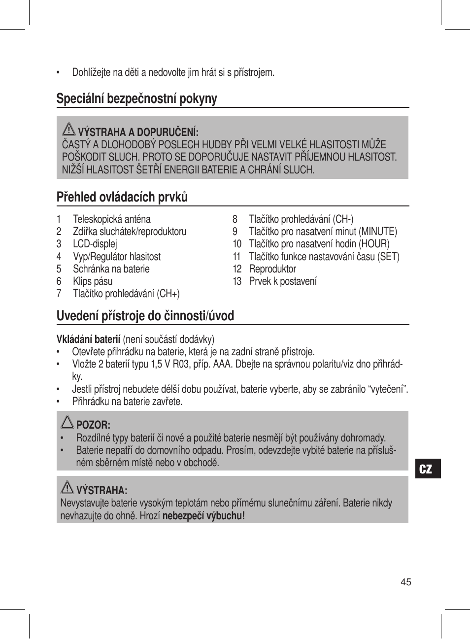 Speciální bezpečnostní pokyny, Přehled ovládacích prvků, Uvedení přístroje do činnosti/úvod | AEG DRR 4107 User Manual | Page 45 / 58