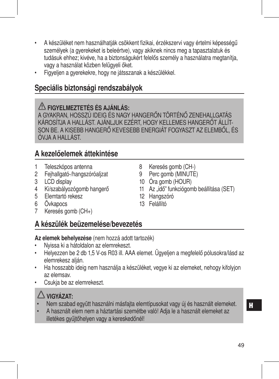 Speciális biztonsági rendszabályok, A kezelőelemek áttekintése, A készülék beüzemelése/bevezetés | AEG DRR 4107 User Manual | Page 49 / 58