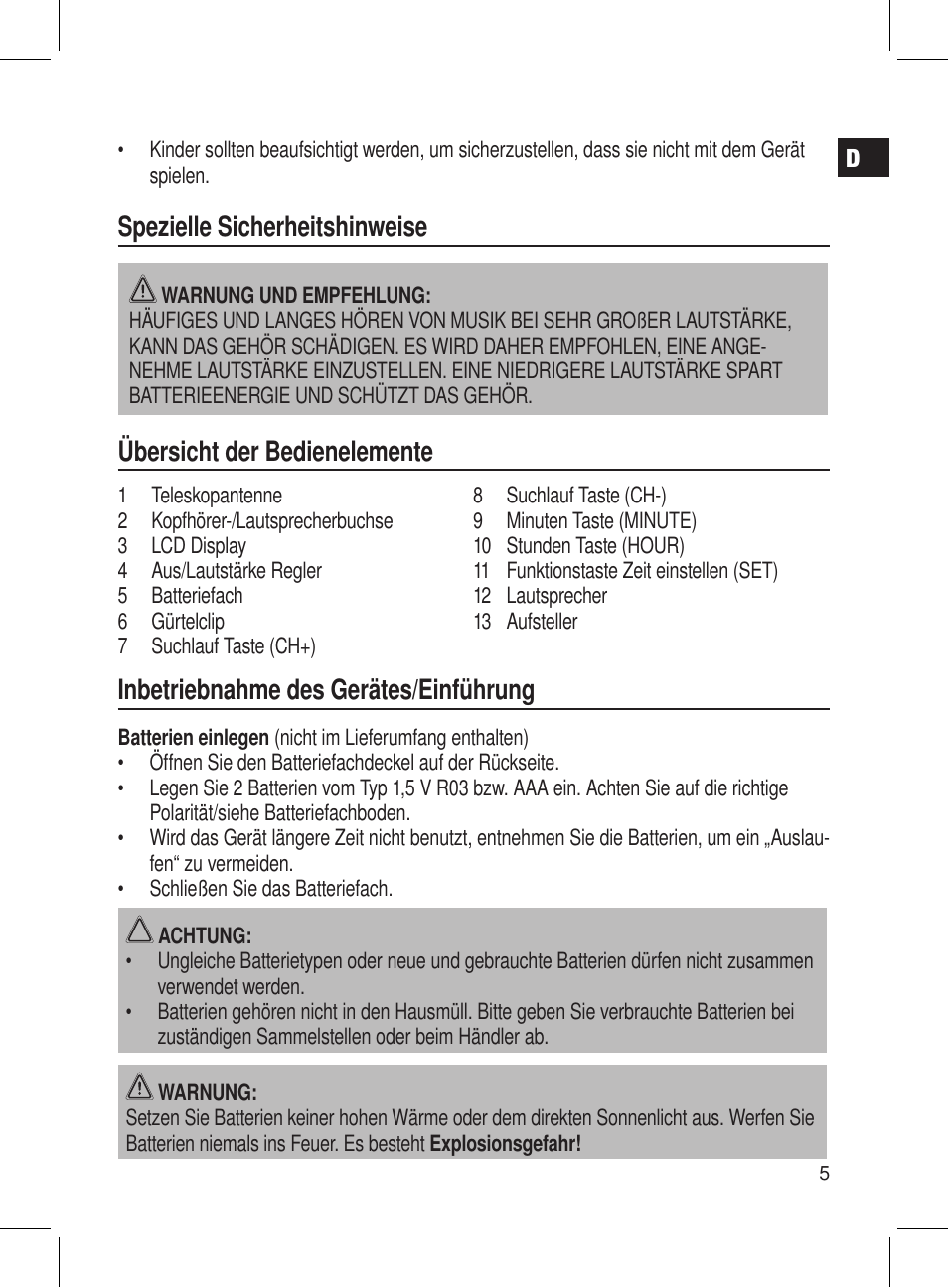 Spezielle sicherheitshinweise, Übersicht der bedienelemente, Inbetriebnahme des gerätes/einführung | AEG DRR 4107 User Manual | Page 5 / 58