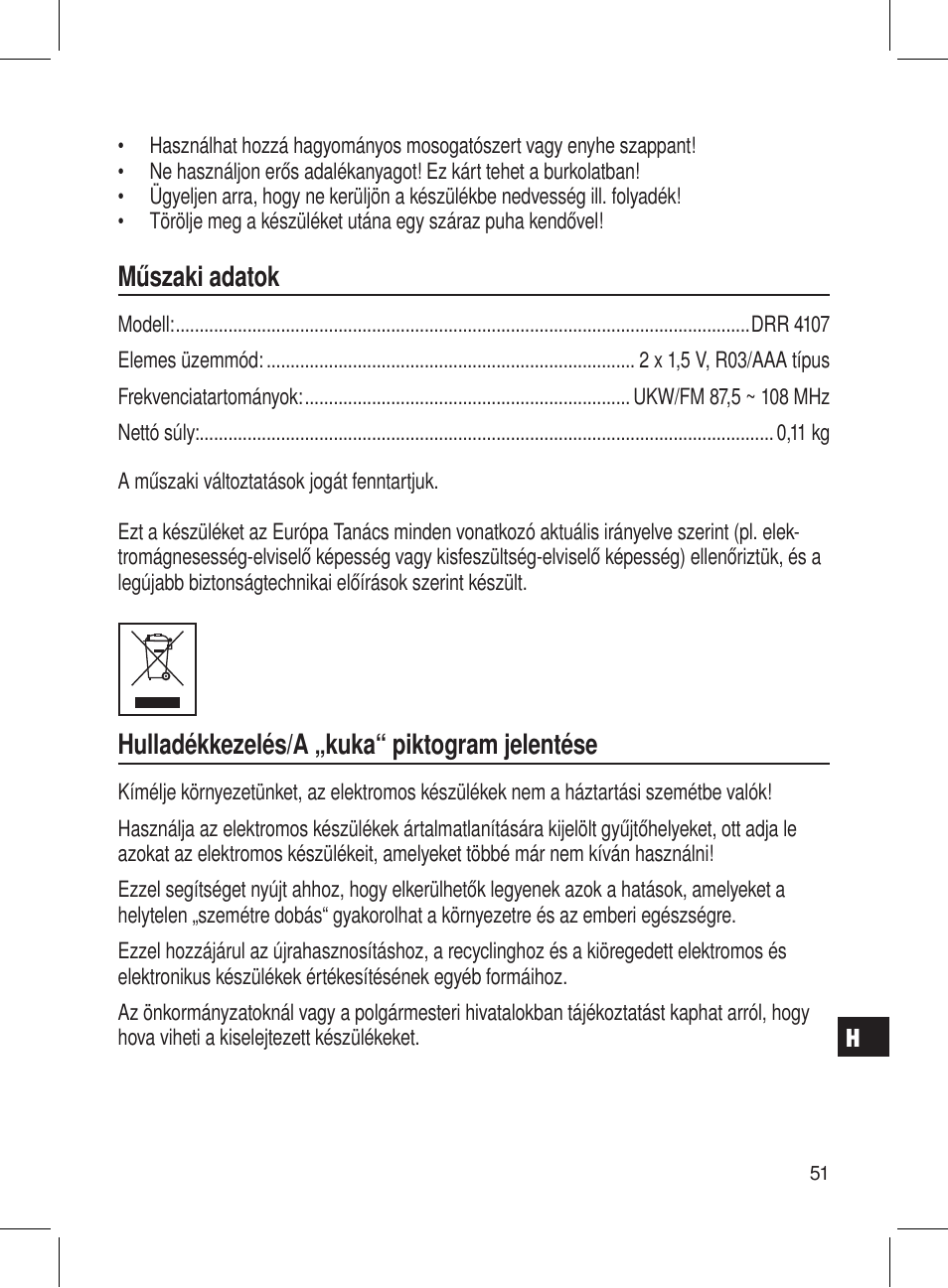 Műszaki adatok, Hulladékkezelés/a „kuka“ piktogram jelentése | AEG DRR 4107 User Manual | Page 51 / 58