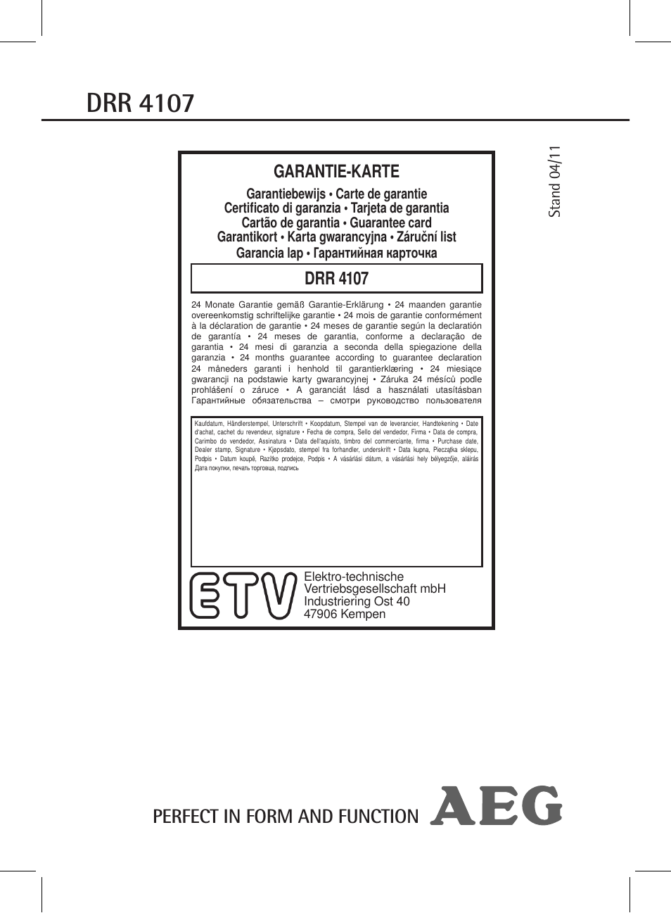 Drr 4107, Perfect in form and function, Garantie-karte | Stand 04 /1 1 | AEG DRR 4107 User Manual | Page 58 / 58