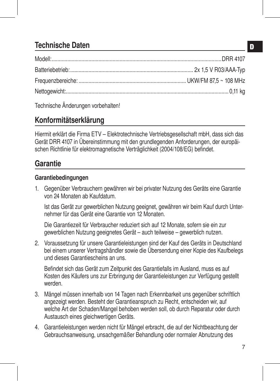 Technische daten, Konformitätserklärung, Garantie | AEG DRR 4107 User Manual | Page 7 / 58