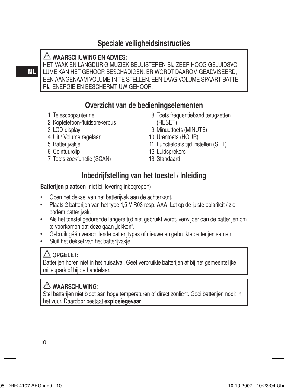 Speciale veiligheidsinstructies, Overzicht van de bedieningselementen, Inbedrijfstelling van het toestel / inleiding | AEG DRR 4107 User Manual | Page 10 / 62