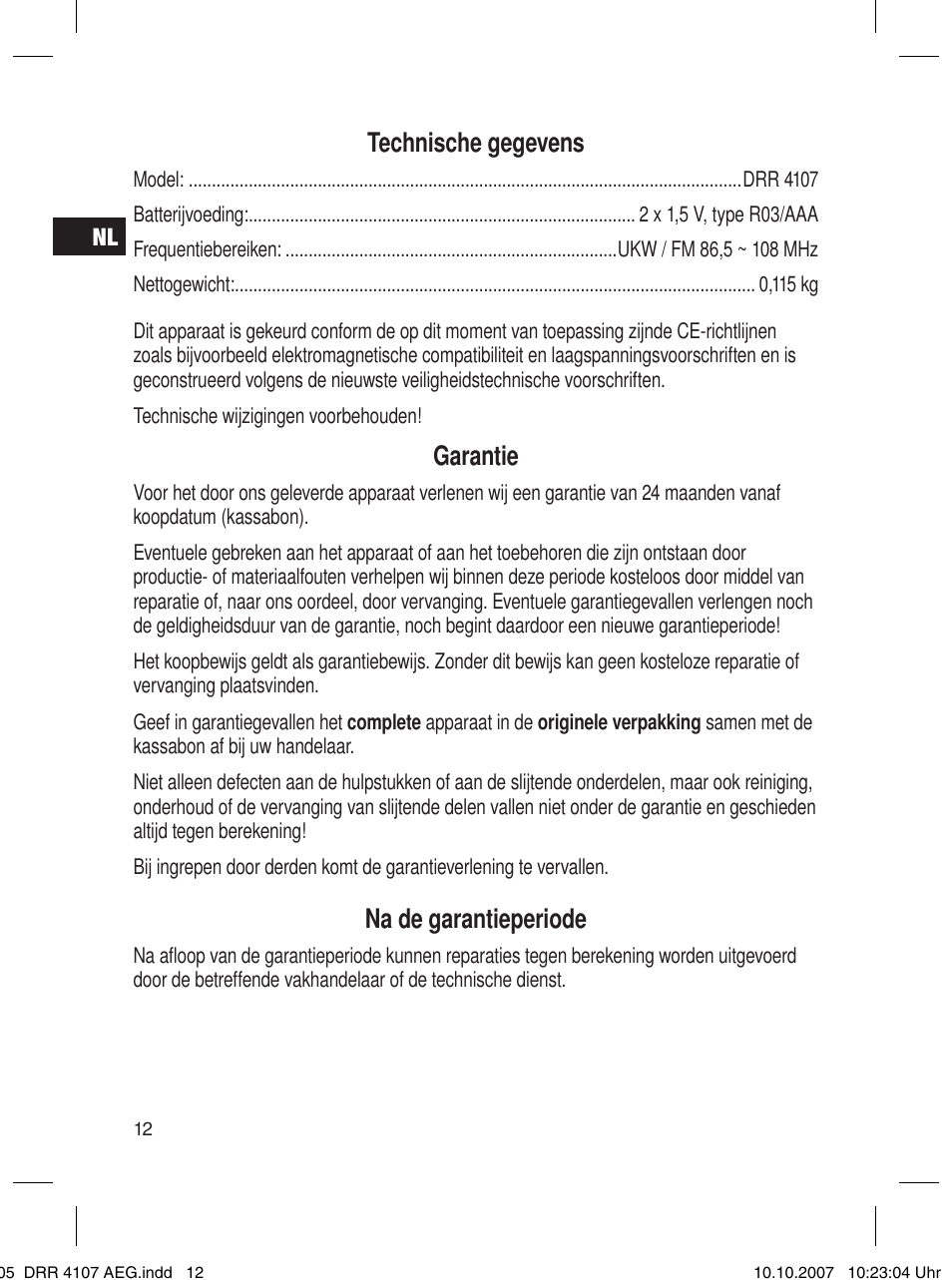 Technische gegevens, Garantie, Na de garantieperiode | AEG DRR 4107 User Manual | Page 12 / 62