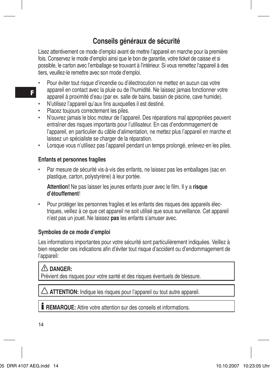 Conseils généraux de sécurité | AEG DRR 4107 User Manual | Page 14 / 62