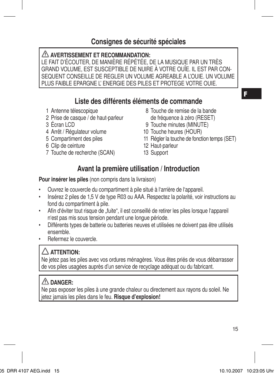 Consignes de sécurité spéciales, Liste des différents éléments de commande, Avant la première utilisation / introduction | AEG DRR 4107 User Manual | Page 15 / 62