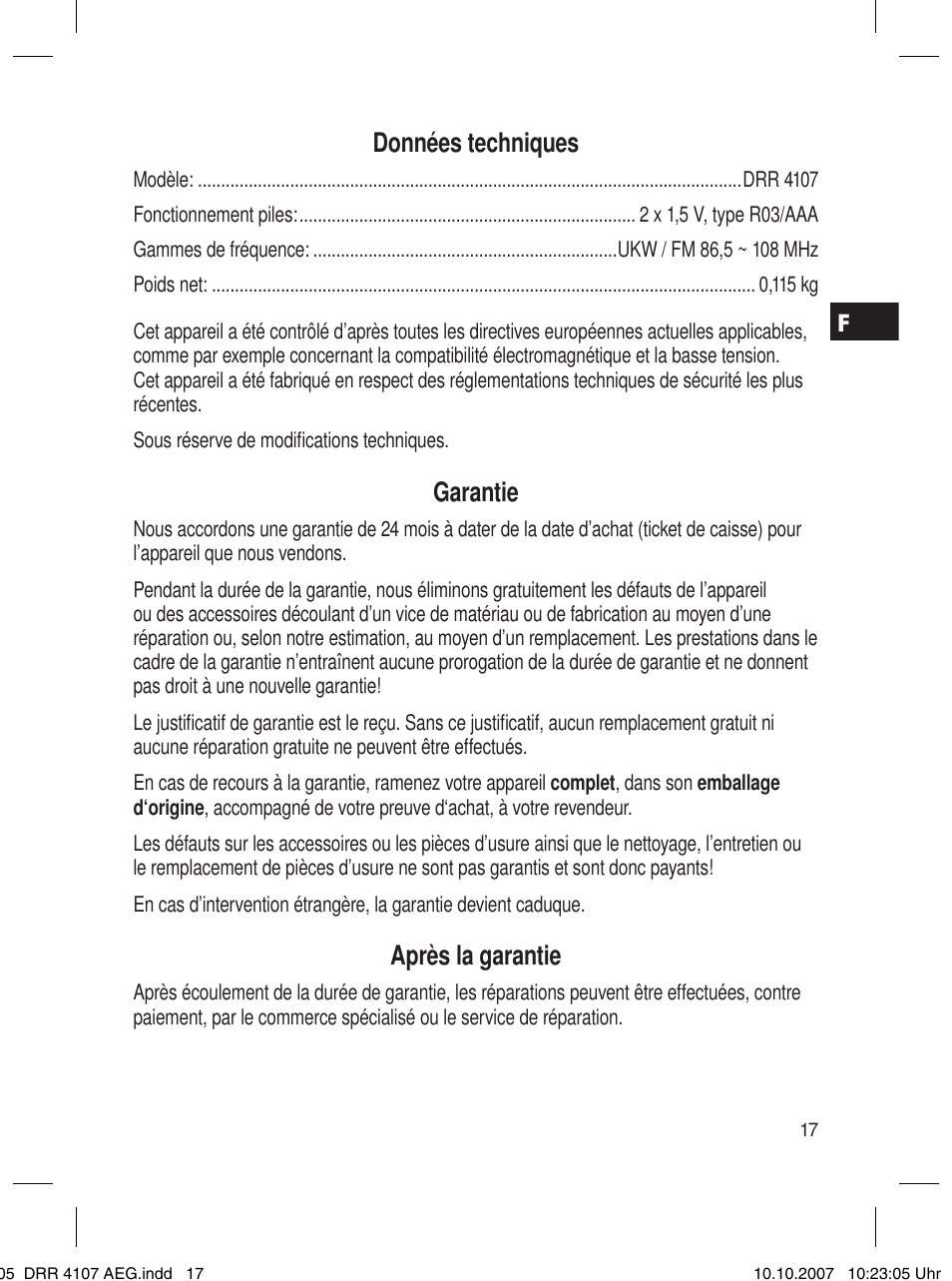 Données techniques, Garantie, Après la garantie | AEG DRR 4107 User Manual | Page 17 / 62