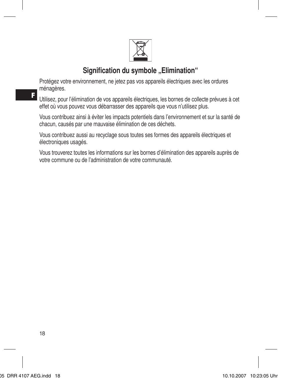 Signiﬁ cation du symbole „elimination | AEG DRR 4107 User Manual | Page 18 / 62