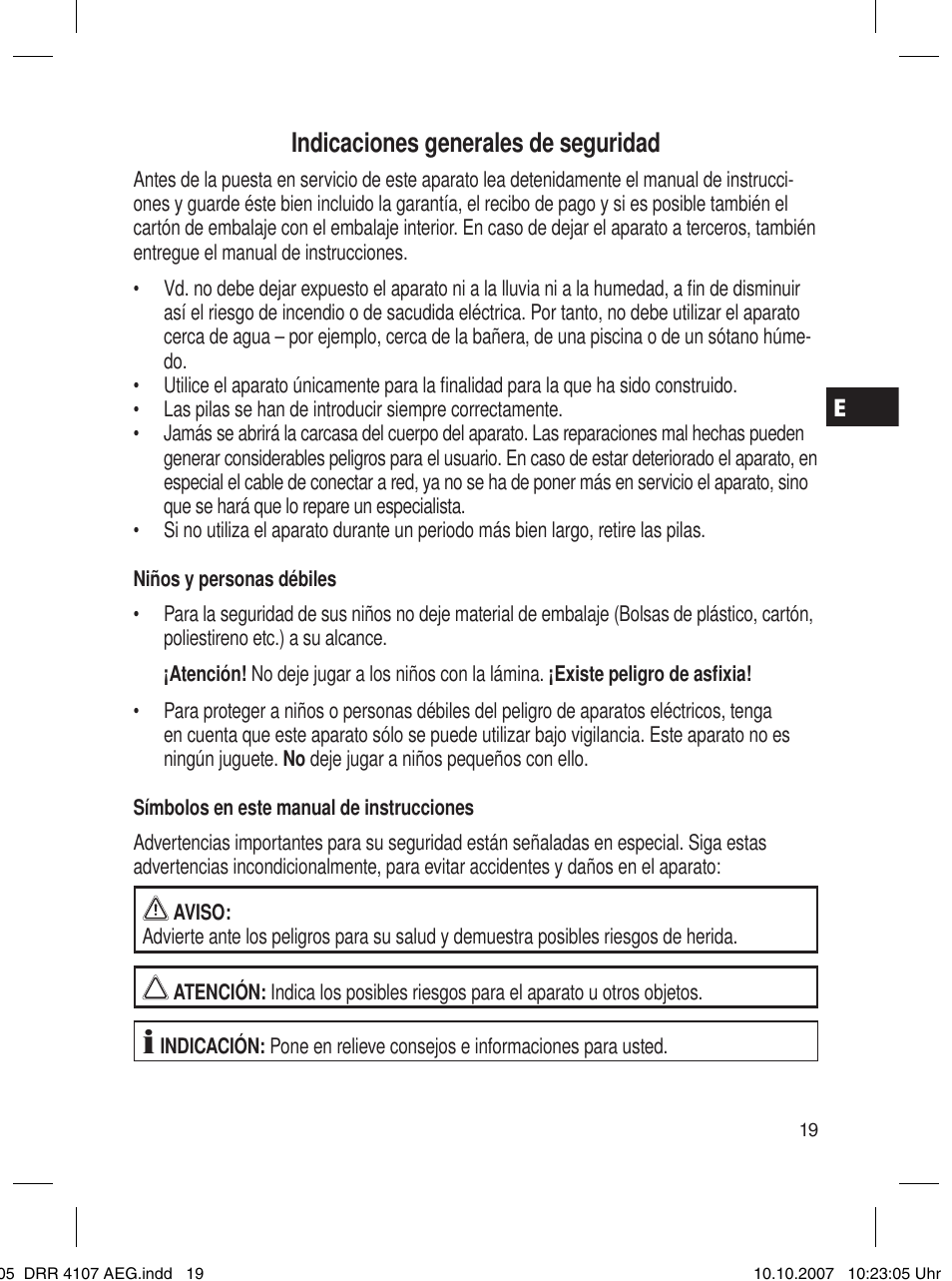 Indicaciones generales de seguridad | AEG DRR 4107 User Manual | Page 19 / 62