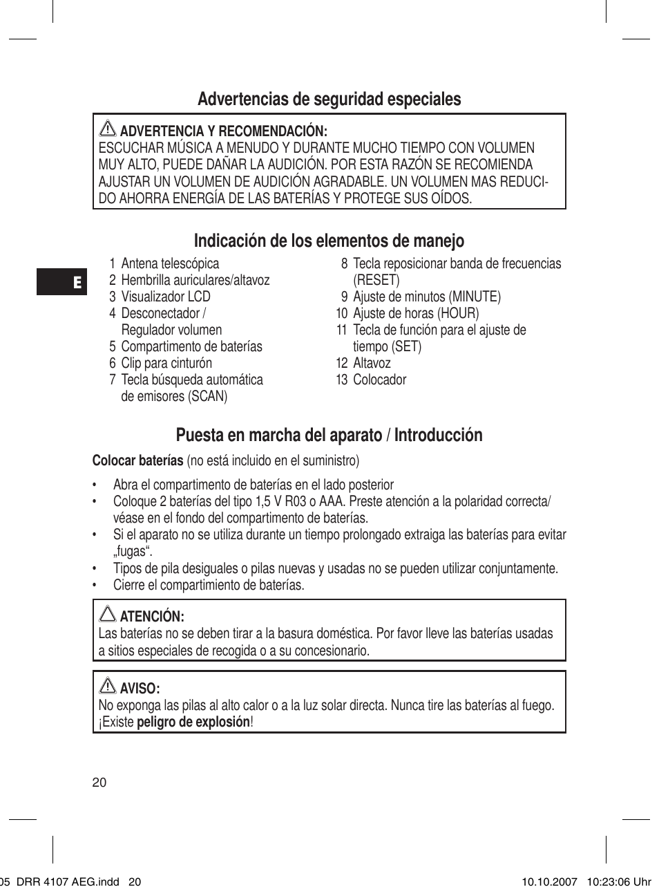 Advertencias de seguridad especiales, Indicación de los elementos de manejo, Puesta en marcha del aparato / introducción | AEG DRR 4107 User Manual | Page 20 / 62
