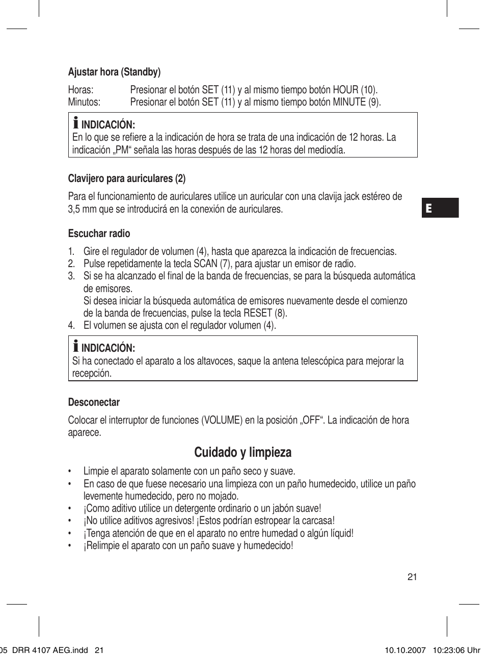 Cuidado y limpieza | AEG DRR 4107 User Manual | Page 21 / 62