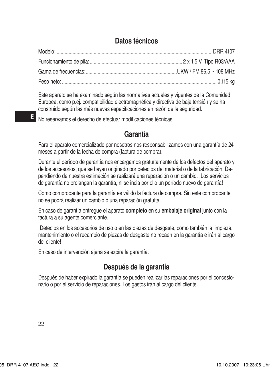 Datos técnicos, Garantía, Después de la garantía | AEG DRR 4107 User Manual | Page 22 / 62