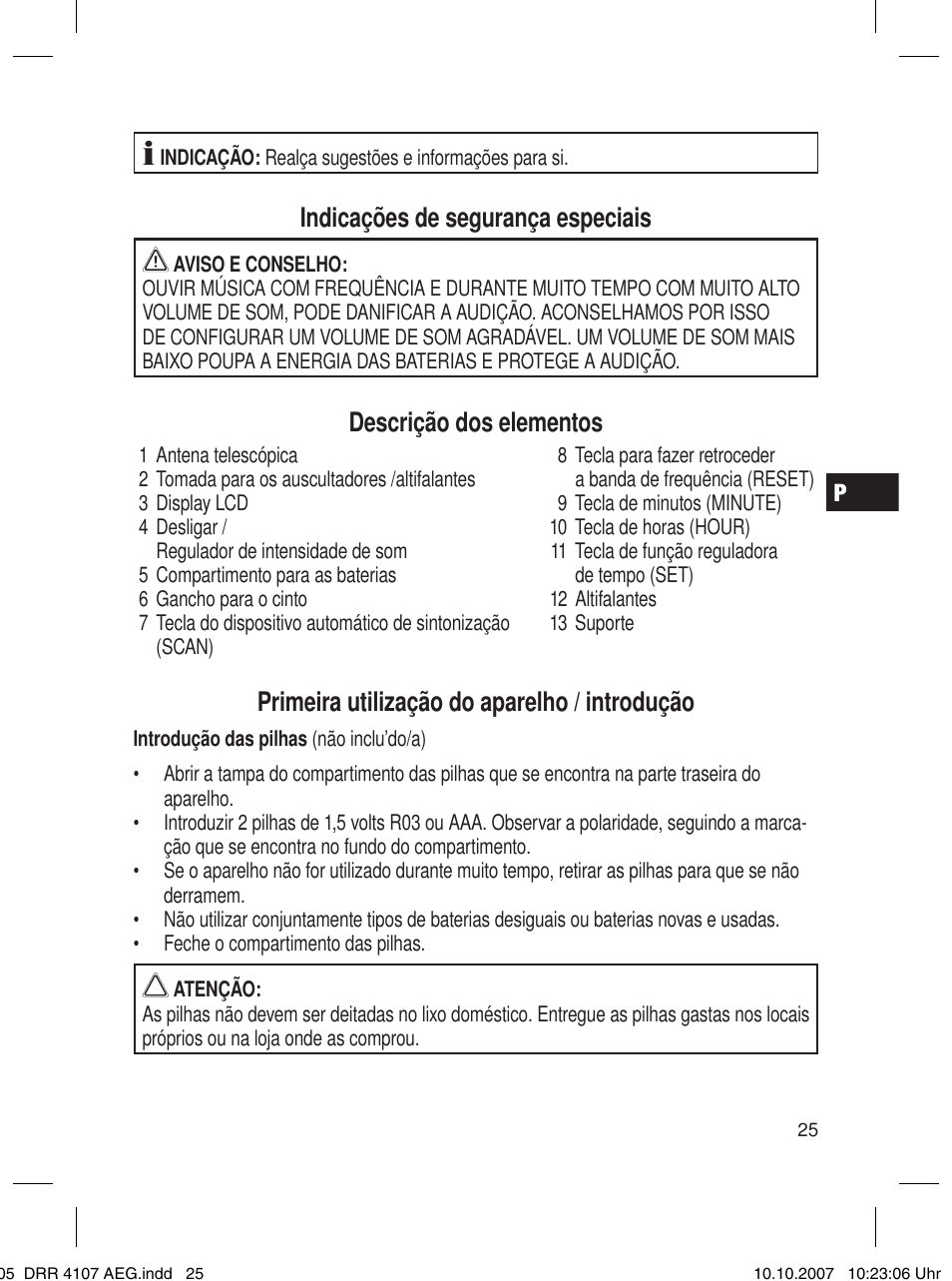 Indicações de segurança especiais, Descrição dos elementos, Primeira utilização do aparelho / introdução | AEG DRR 4107 User Manual | Page 25 / 62