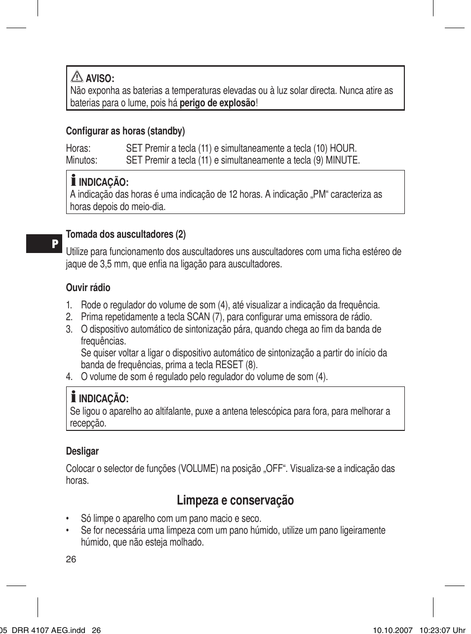 Limpeza e conservação | AEG DRR 4107 User Manual | Page 26 / 62