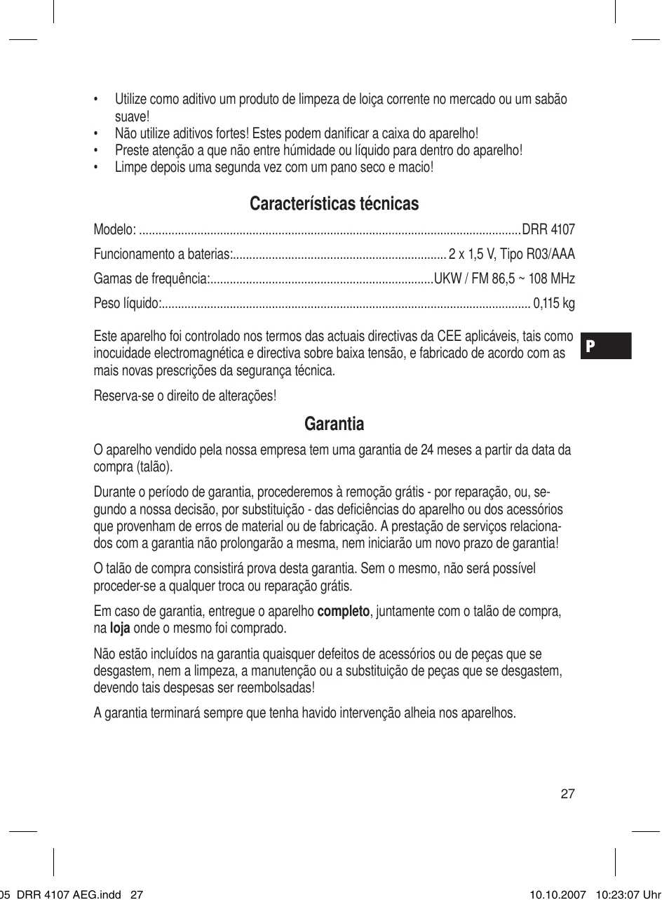 Características técnicas, Garantia | AEG DRR 4107 User Manual | Page 27 / 62