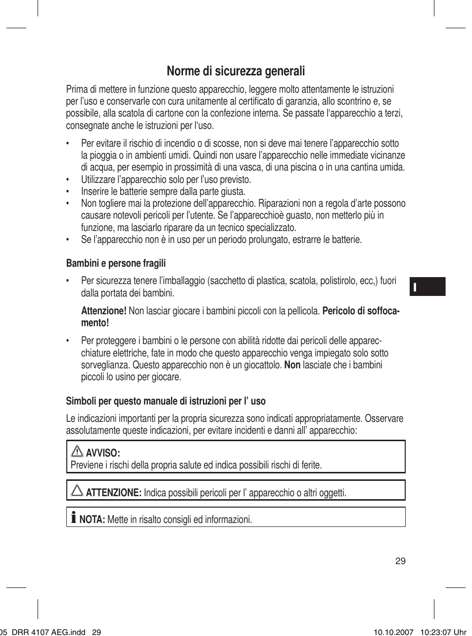 Norme di sicurezza generali | AEG DRR 4107 User Manual | Page 29 / 62