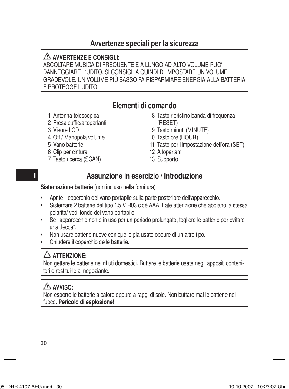 Avvertenze speciali per la sicurezza, Elementi di comando, Assunzione in esercizio / introduzione | AEG DRR 4107 User Manual | Page 30 / 62