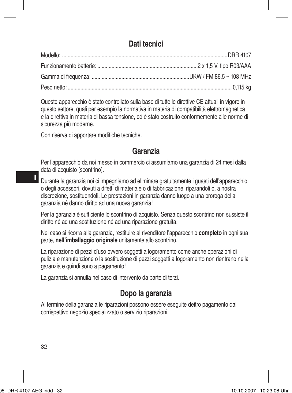 Dati tecnici, Garanzia, Dopo la garanzia | AEG DRR 4107 User Manual | Page 32 / 62