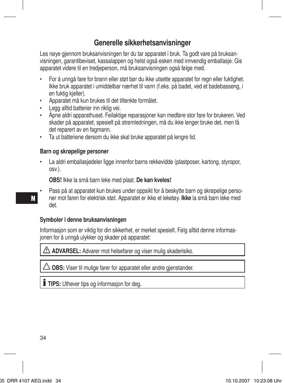 Generelle sikkerhetsanvisninger | AEG DRR 4107 User Manual | Page 34 / 62