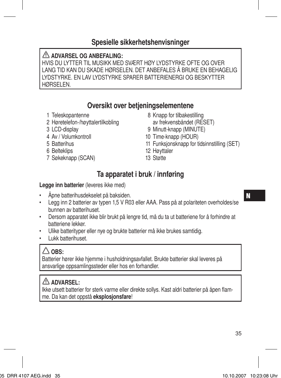 Spesielle sikkerhetshenvisninger, Oversikt over betjeningselementene, Ta apparatet i bruk / innføring | AEG DRR 4107 User Manual | Page 35 / 62