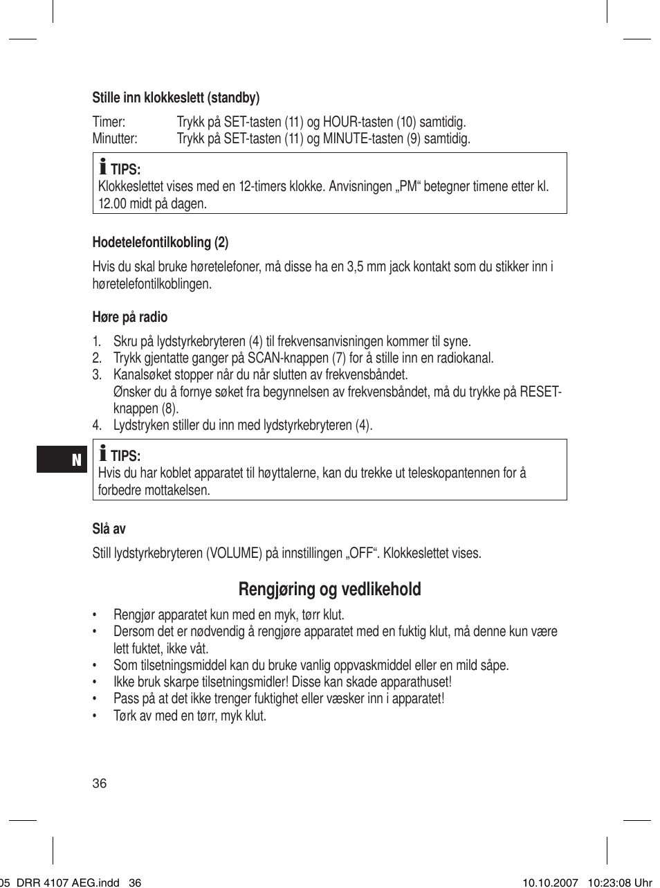 Rengjøring og vedlikehold | AEG DRR 4107 User Manual | Page 36 / 62