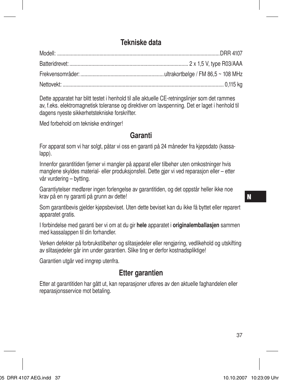 Tekniske data, Garanti, Etter garantien | AEG DRR 4107 User Manual | Page 37 / 62