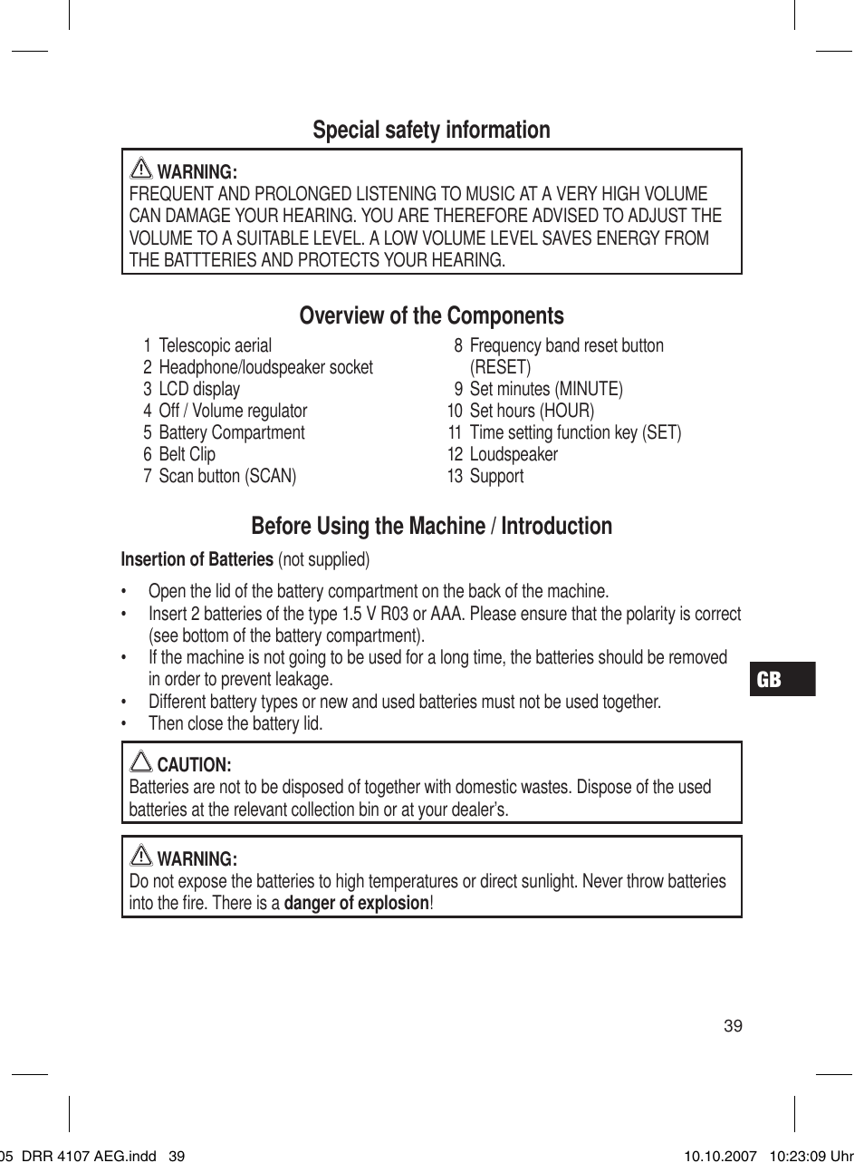 Special safety information, Overview of the components, Before using the machine / introduction | AEG DRR 4107 User Manual | Page 39 / 62